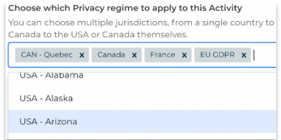 Image showing the ability to select any Privacy jurisdiction worldwide