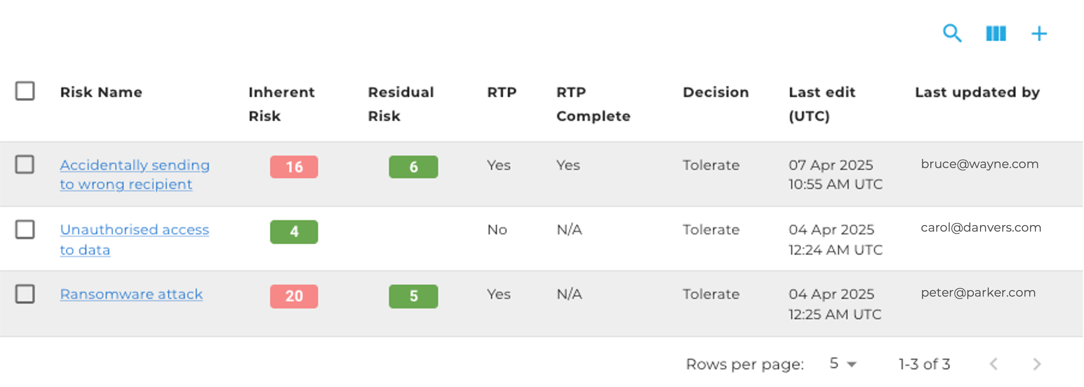Screen capture of the Risk Engine results in table form in Keepabl