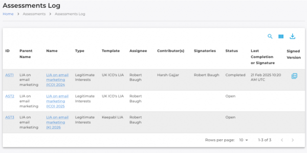 Keepabl's instant Assessment Log