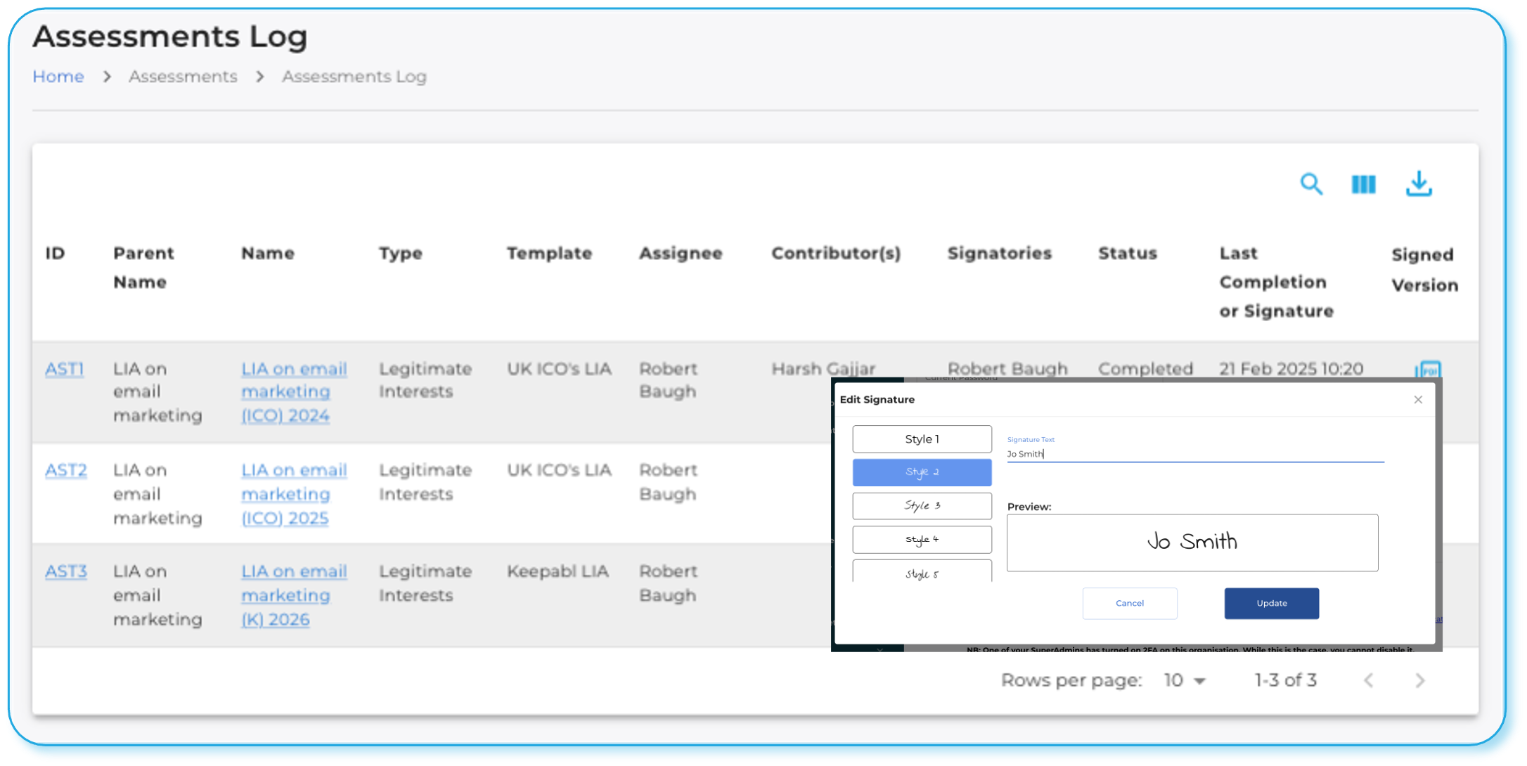 Assessments Log and digital signature